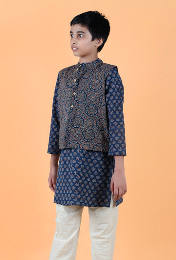 Axel Indigo Ajrakh Print Cotton Nehru Jacket